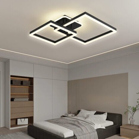 Lustra LED 140W Minimalist 2 Square Black, LED inclus, 3 surse de iluminare, Telecomanda, Dimabil, L